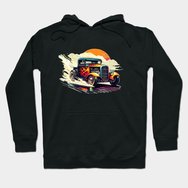 Retro Truck Smoking Hot Rod Pickup Vintage Rat Rod Sunset Hoodie by Tees 4 Thee